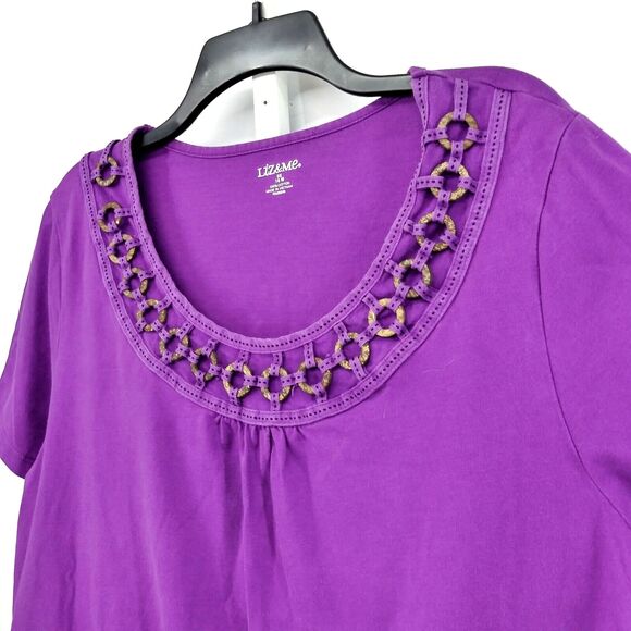 Liz & Me Shirt Women Size 16W Purple Short Sleeve Accented Neckline Pullover Top - Picture 2 of 7